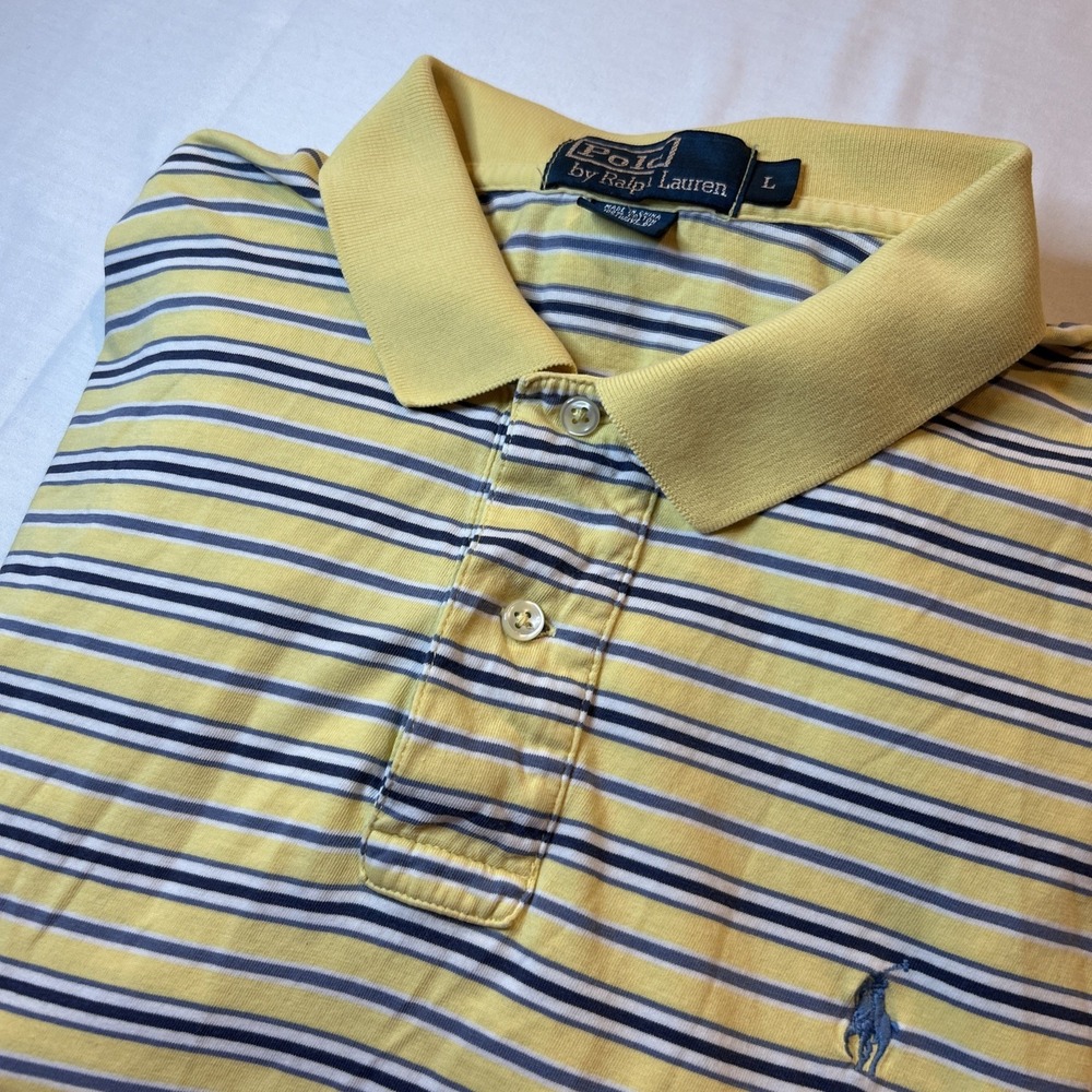 Vtg Mens Polo Ralph Lauren Polo Shirt Sz L‎ Gray-Blue-Yellow Striped Blue Pony